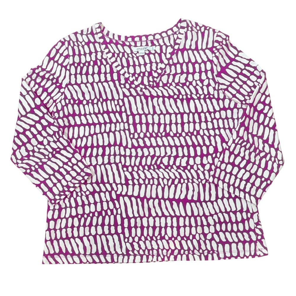 Chicos Soft & Stretchy 3/4 Sleeve Top 2/LG Funky Bright Pattern Womens V-Neck